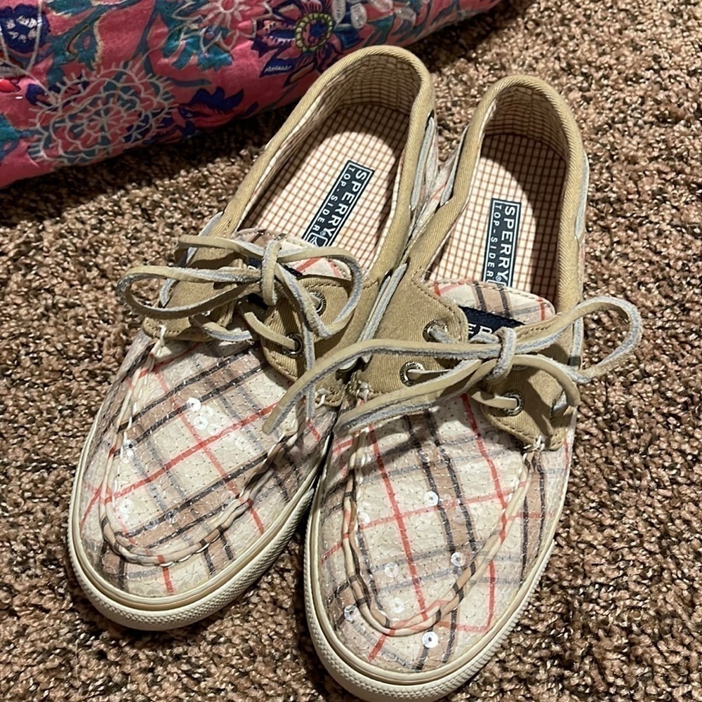 Sperry Top-Sider in Tan Plaid with Sequins Sz 6